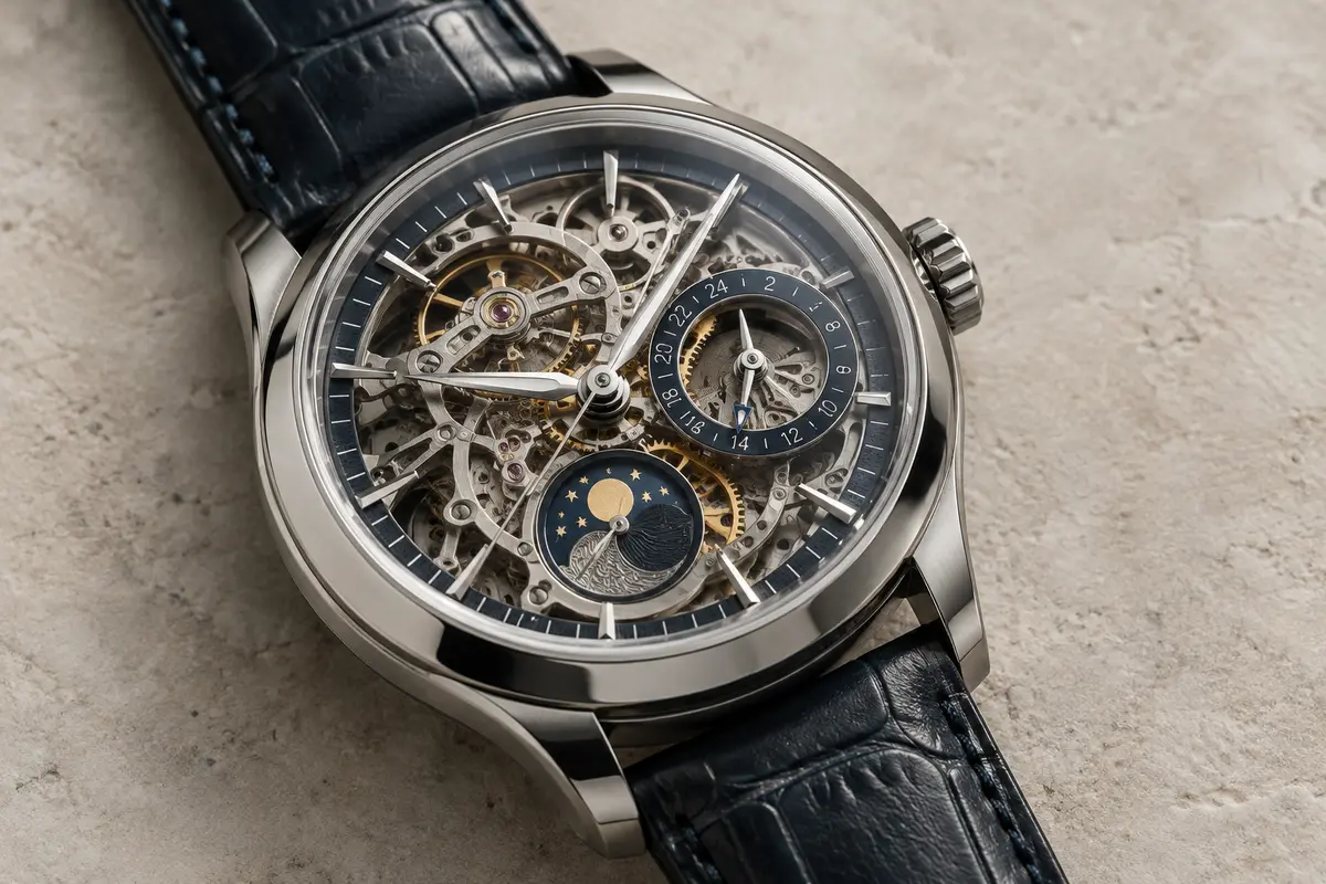 Montre Stuhrling automatique à cadran squelette, affichage GMT et bracelet en cuir estampé façon alligator