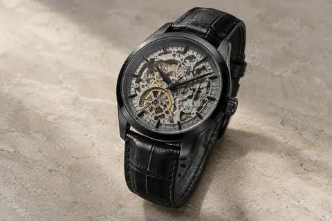 Montre Stuhrling automatique à cadran squelette, boîtier en acier et bracelet en cuir gaufré noir
