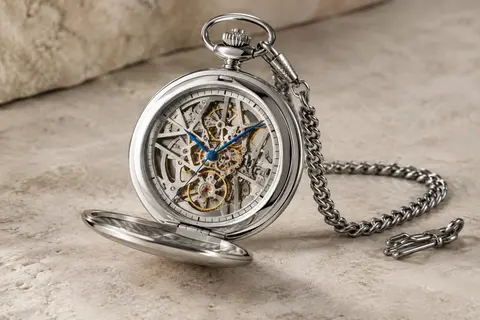 Montre de poche Stuhrling Modena 991 argentée, cadran squelette et chaîne posés sur un fond minéral clair.