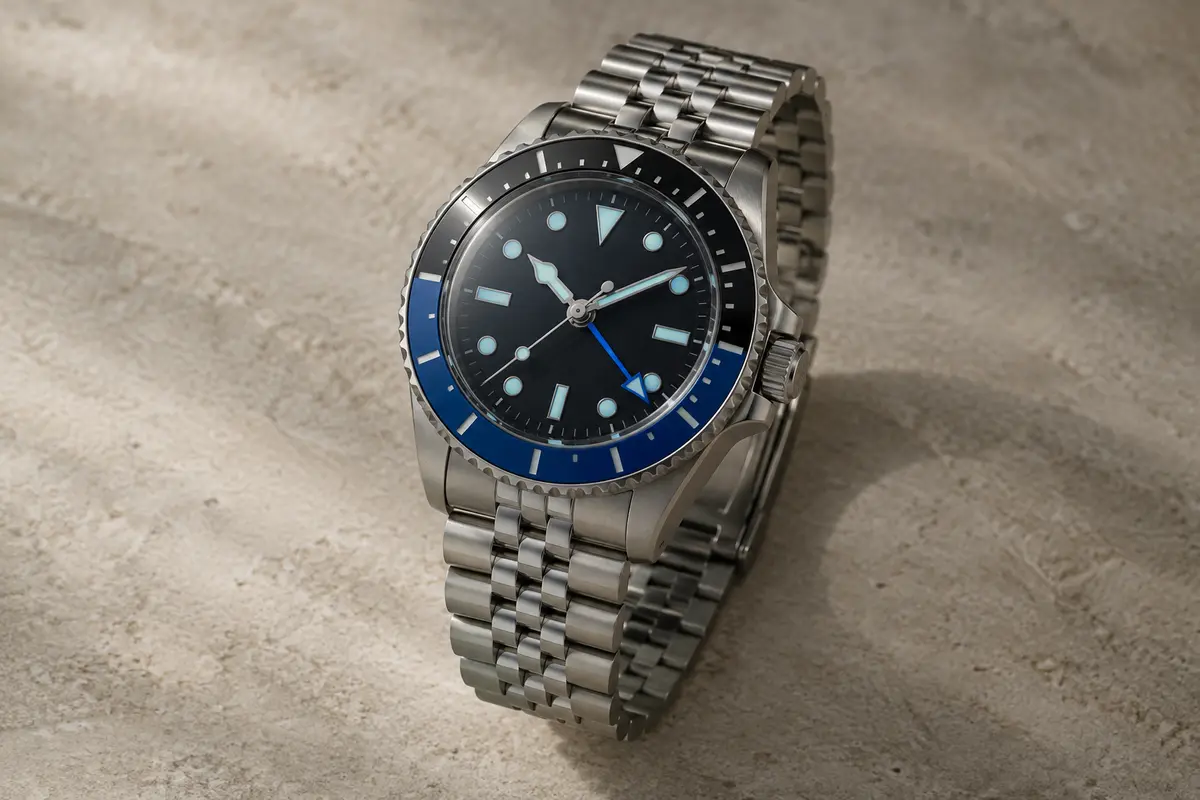 Montre GMT Stuhrling noire et bleue avec cadran analogique et bracelet jubilé en acier inoxydable