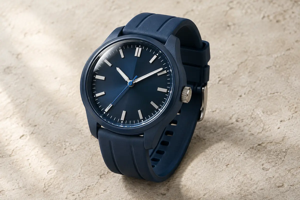 Montre analogique de sport bleu foncé avec bracelet souple, cadran large et veilleuse LED