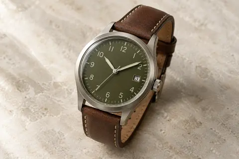 Montre à quartz au cadran olive, boîtier argenté, date à 3 heures et bracelet en cuir marron.