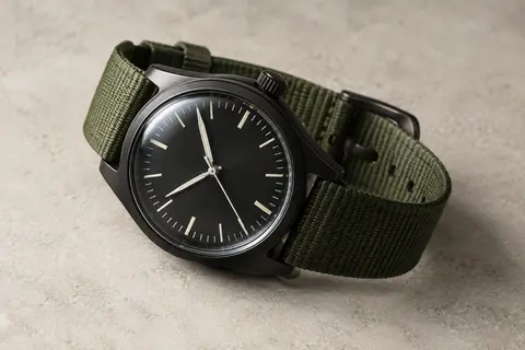 Montre analogique solaire noire à aiguilles lumineuses et bracelet textile vert posée sur un fond minéral