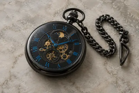 Montre de poche noire à chiffres romains bleus, motif lunaire doré et chaîne sur un fond minéral clair.