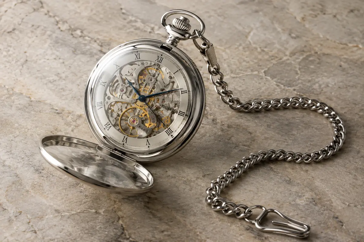 Montre de poche Treeweto argentée à cadran squelette, chiffres romains et chaîne assortie sur fond minéral