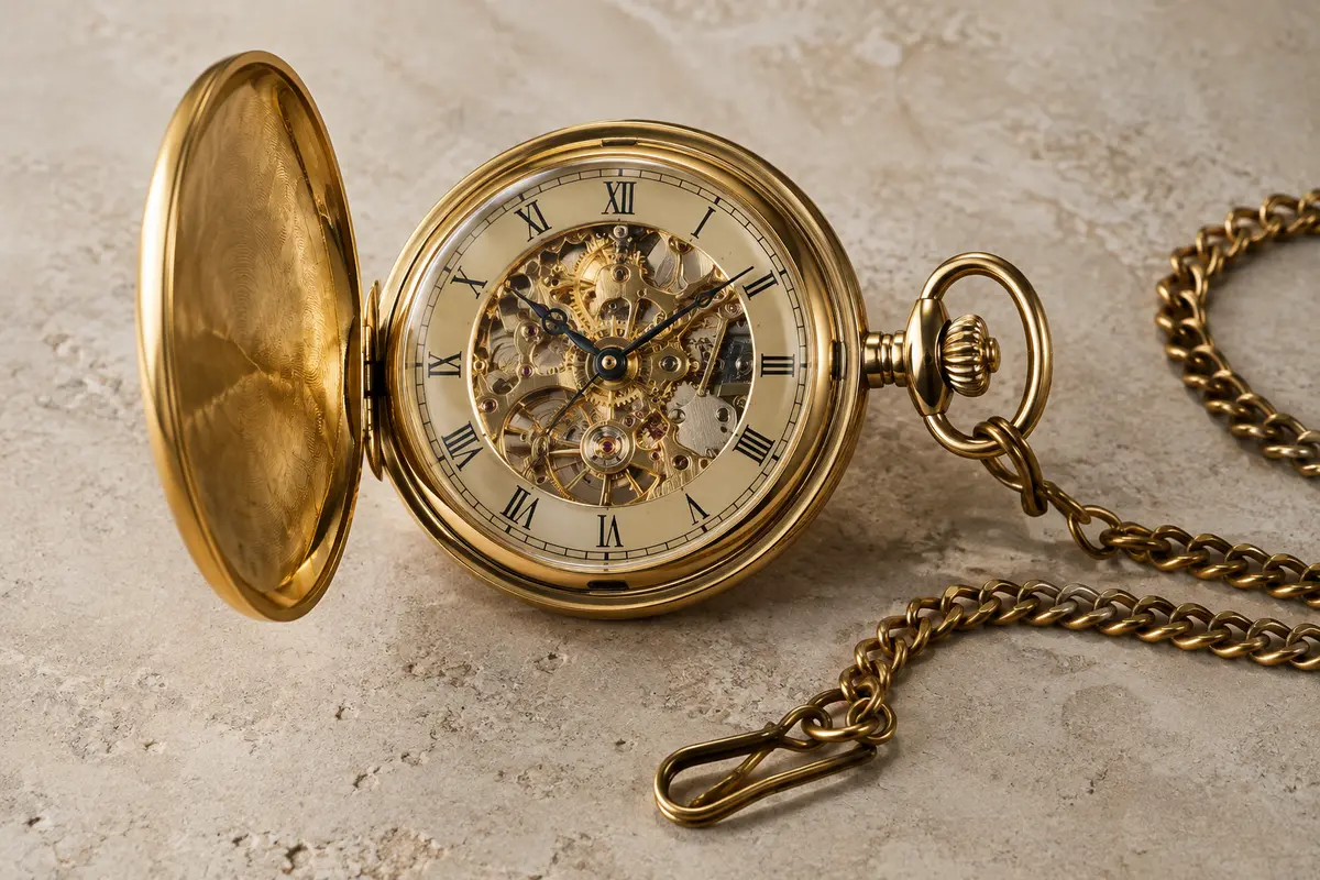 Montre de poche mécanique dorée à cadran squelette, chiffres romains noirs et deux chaînes métalliques