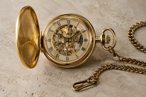 Montre de poche mécanique dorée à cadran squelette, chiffres romains noirs et deux chaînes métalliques