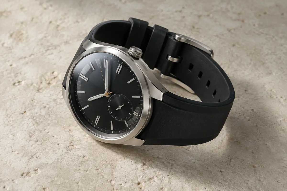 Montre hybride noire à aiguilles analogiques, boîtier en acier et bracelet FKM sur fond minéral ivoire.