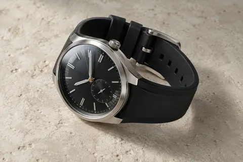 Montre hybride noire à aiguilles analogiques, boîtier en acier et bracelet FKM sur fond minéral ivoire.