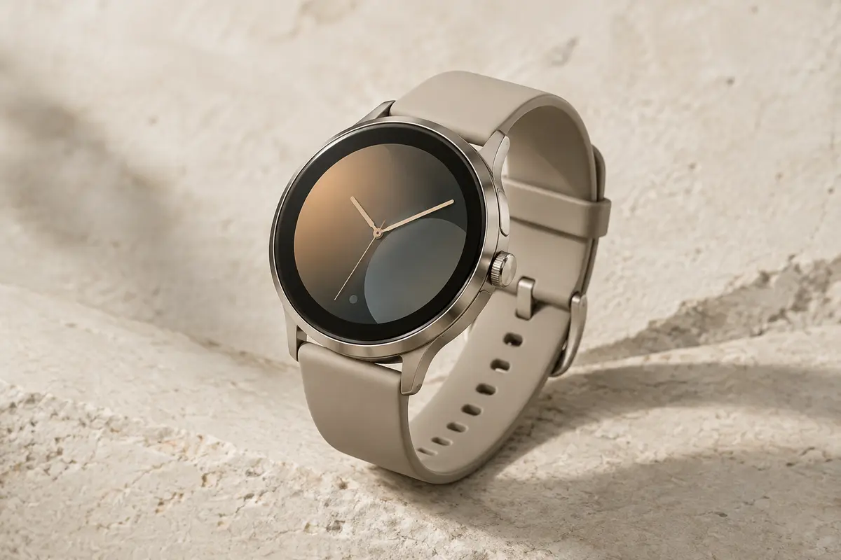 Montre connectée Xiaomi au boîtier compact en acier, bracelet sable et couronne taillée