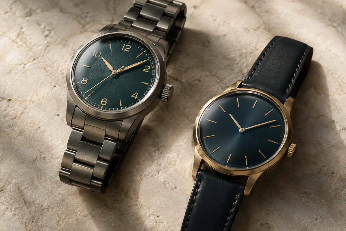 Montres de design aux cadrans détaillés, réunies dans une composition sobre aux matières horlogères contrastées.